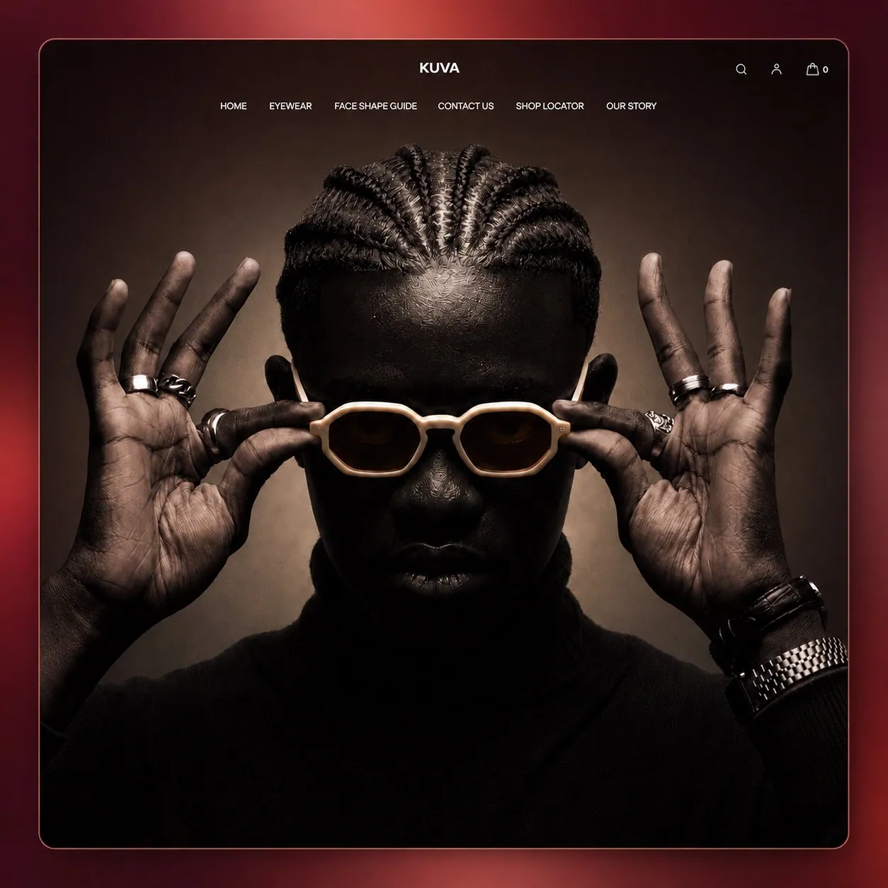 KUVA statement eyewear storefront homepage, built and run by SHOWQ