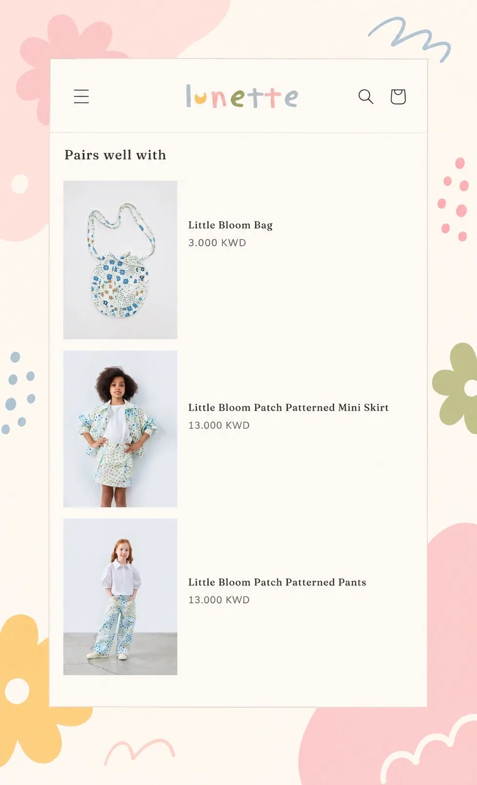 Lunette kids fashion product page on mobile, run by SHOWQ